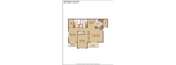 A floor plan of a two bedroom apartment with a living room, dining room, kitchen, and two bathrooms.