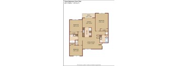 A floor plan of a three bedroom apartment with two bathrooms.