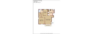 A floor plan of a one bedroom apartment with a living room, dining area, kitchen, and bathroom.
