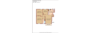 A floor plan of a two bedroom apartment with a living room and a balcony.