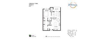 A floor plan for a 1 Bedroom + 1 Bath apartment at Garden Communities Jefferson.