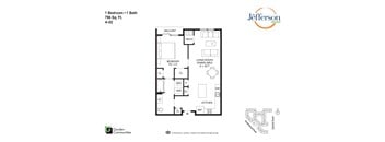 A floor plan for a 1 bedroom, 1 bath apartment at Jefferson Communities.