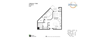 A floor plan for a 1 Bedroom + 1 Bath apartment at Garden Communities.