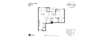 A floor plan for a 1 bedroom, 1 bath apartment at the Jefferson Apartments.