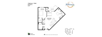 A floor plan for a 1 Bedroom + 1 Bath apartment at Jefferson Homes.