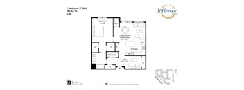 A floor plan for a 1 Bedroom + 1 Bath apartment at Garden Communities Jefferson.