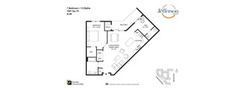 A floor plan for a 1 Bedroom, 1.5 Baths apartment at Jefferson Communities.
