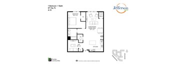 A floor plan for a 1 Bedroom + 1 Bath apartment at Garden Communities.