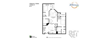 A black and white image of a house floor plan with the Jefferson Communities logo.