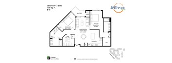 A floor plan for a 2 Bedroom, 2 Baths apartment at the Jefferson Apartments.