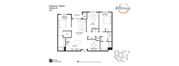 A floor plan for a 2 bedroom, 2 bath apartment at Jefferson Homes.