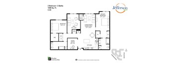 A floor plan for a 2 bedroom, 2 bath apartment at Jefferson Homes.
