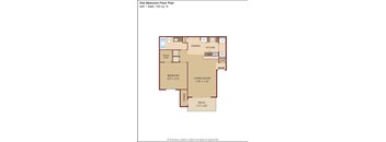 A floor plan of a one bedroom apartment with a bath, dining and kitchen area.
