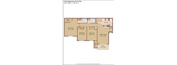 A floor plan of a three bedroom apartment with two bathrooms.