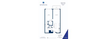 A floor plan for a condo in The Metropolitan showing a bedroom, living room, and balcony.