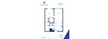 A floor plan for an apartment in The Metropolitan showing a bedroom, living room, and kitchen.