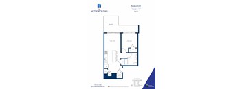A floor plan for a residence at The Metropolitan showing a living room, dining room, kitchen, and two bedrooms.