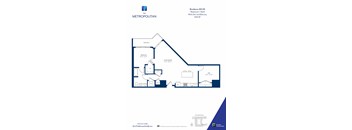 A floor plan for an apartment in The Metropolitan shows a living room, dining room, kitchen, and two bedrooms.
