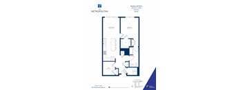 A floor plan for a residence at The Metropolitan showing a living and dining area, a kitchen, a bedroom, a bathroom, a den, and a laundry room.