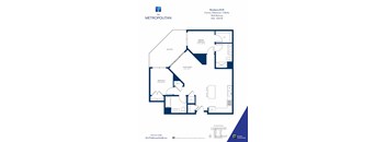 A floor plan for a residence at The Metropolitan showing a living room, two bedrooms, a bathroom, and a balcony.