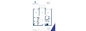 A floor plan for a residence with a balcony and two bathrooms.