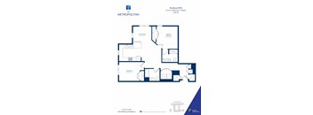 A floor plan for a residence at The Metropolitan showing a living room, two bedrooms, and two bathrooms.