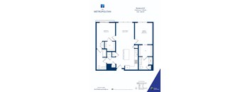 A floor plan for apartment B-11 at The Metropolitan showing two bedrooms and two bathrooms.