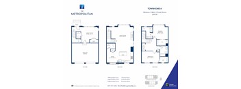 A blue and white floor plan for a townhome with three bedrooms and two bathrooms.