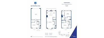 A blue and white floor plan for a townhome with a garage and deck.