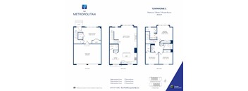 A blue and white floor plan for a townhome with three bedrooms and two bathrooms.