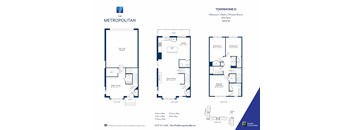 A blue and white floor plan for a townhome with three bedrooms and two bathrooms.