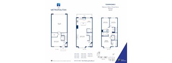 A blue and white floor plan for a Metropolitan Townhome with a garage and deck.