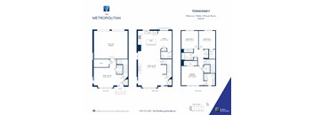 A blue and white floor plan for a townhome with three bedrooms and two bathrooms.