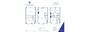 A blue and white floor plan for a townhome with three bedrooms and two bathrooms.