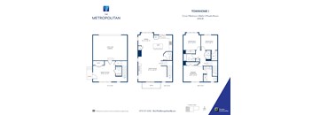A blue and white floor plan for a townhome with three bedrooms and two bathrooms.