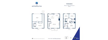 A blue and white floor plan for a townhome with three bedrooms and two bathrooms.