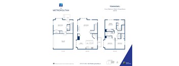 A blue and white floor plan for a townhome with three bedrooms and two bathrooms.