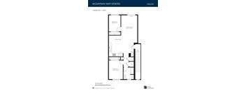 A floor plan for a two bedroom, one bath home with a living room, dining room, kitchen, and a den.