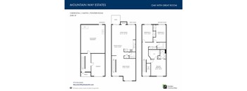 A floor plan for a 3 bedroom, 2 bathroom property with a garage and a great room.