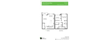 A floor plan for a two bedroom, 2.5 bathroom apartment at Monroe Place.
