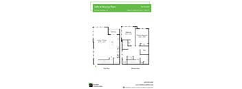 A floor plan for a two bedroom, two bathroom apartment at the Monroe Place apartment complex.
