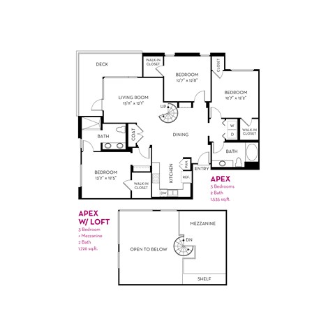 A floor plan of an apartment with three bedrooms, two bathrooms, and a loft.