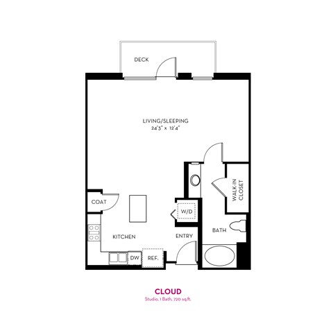 A black and white image of a floor plan for a small apartment.