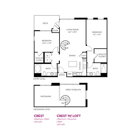 A black and white diagram of a house layout with two bedrooms, two bathrooms, a living room, a dining room, a kitchen, a stove, a walk-in closet, and a mezzanine.