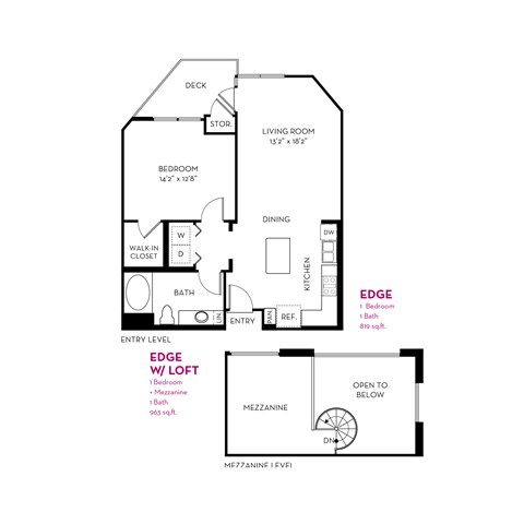 A floor plan of a two-bedroom apartment with an entry level and a mezzanine.