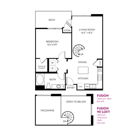 A floor plan of a small apartment with a bedroom, bathroom, living room, dining room, kitchen, and a mezzanine.