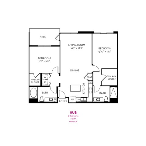 A black and white floor plan of a house with a deck, two bedrooms, a living room, a dining area, a kitchen, two bathrooms, a walk-in closet, and a laundry room.