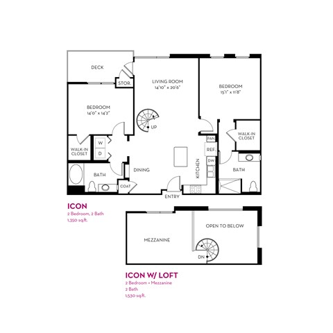 A floor plan of an apartment with two bedrooms, a living room, a dining area, a kitchen, and a bathroom.