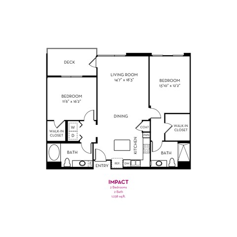 A black and white floor plan of an apartment with a living room, two bedrooms, a bathroom, a kitchen, a dining area, and a walk-in closet.