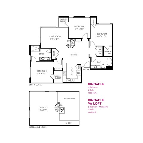 A floor plan of a house with a pinnacle and mezzanine levels.